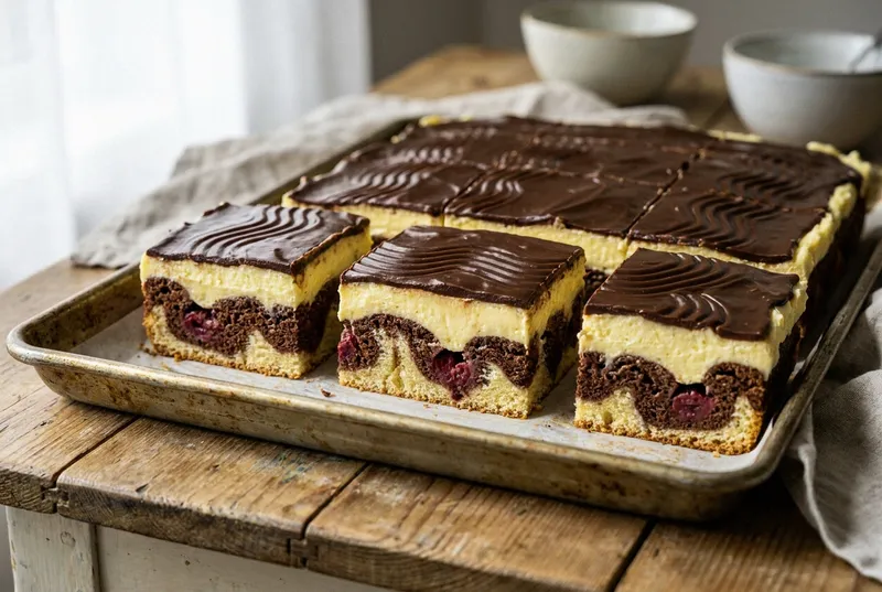 Donauwelle vom Blech in Stücke geschnitten, mit marmoriertem Teig, Kirschen, Buttercreme und Schokoglasur