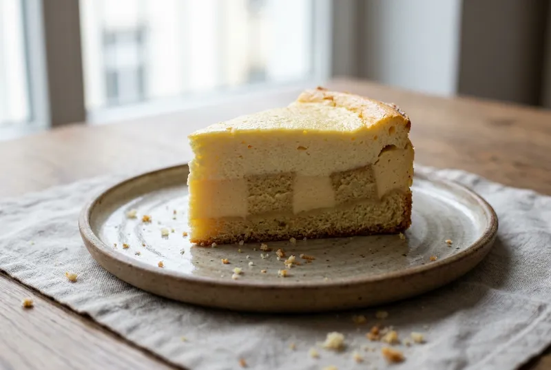 Ein Stück geschichteter Kuchen mit Hefeboden und heller Quark-Ei-Masse auf einer Keramikplatte.