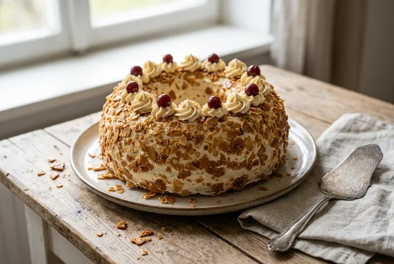 Ringförmiger Frankfurter Kranz mit Krokantbelag, Buttercreme-Tupfen und Kirschen auf einem Teller auf Holztisch
