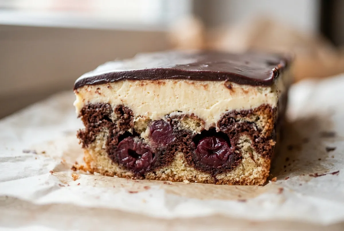 Querschnitt eines Donauwelle-Stücks mit Glasur, Buttercreme, marmoriertem Teig und Sauerkirschen