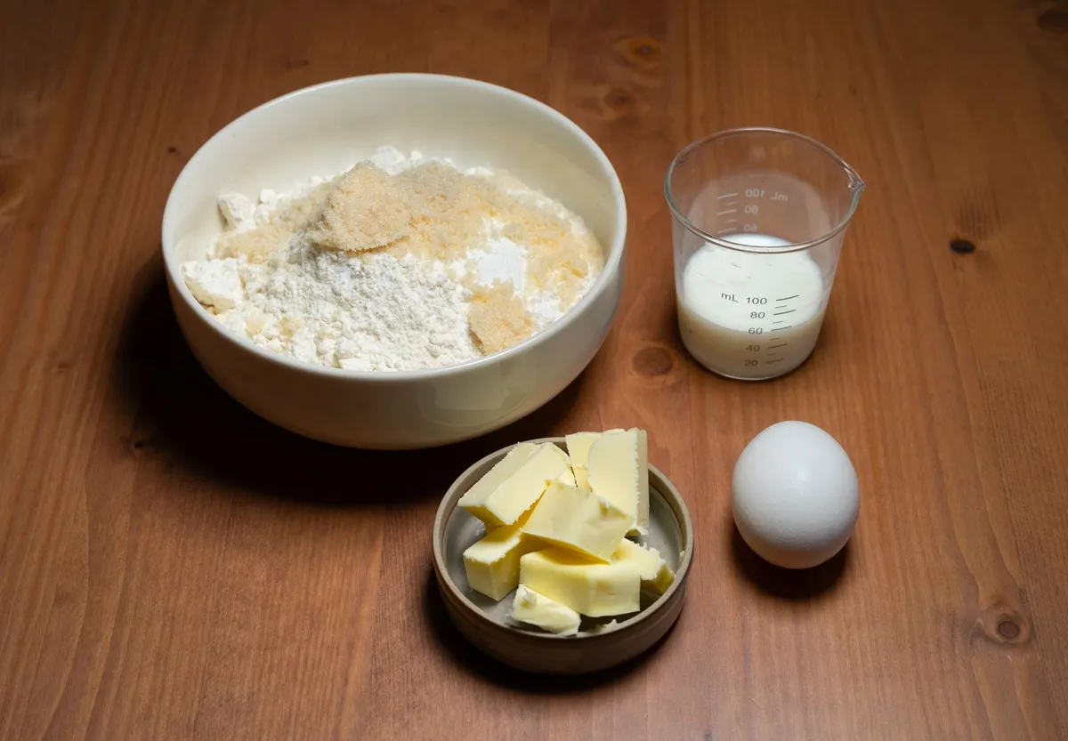 Weiße Schüssel mit Mehl, Messbecher mit Milch, ein Ei und eine Schale mit Butterstücken auf einem Holztisch.