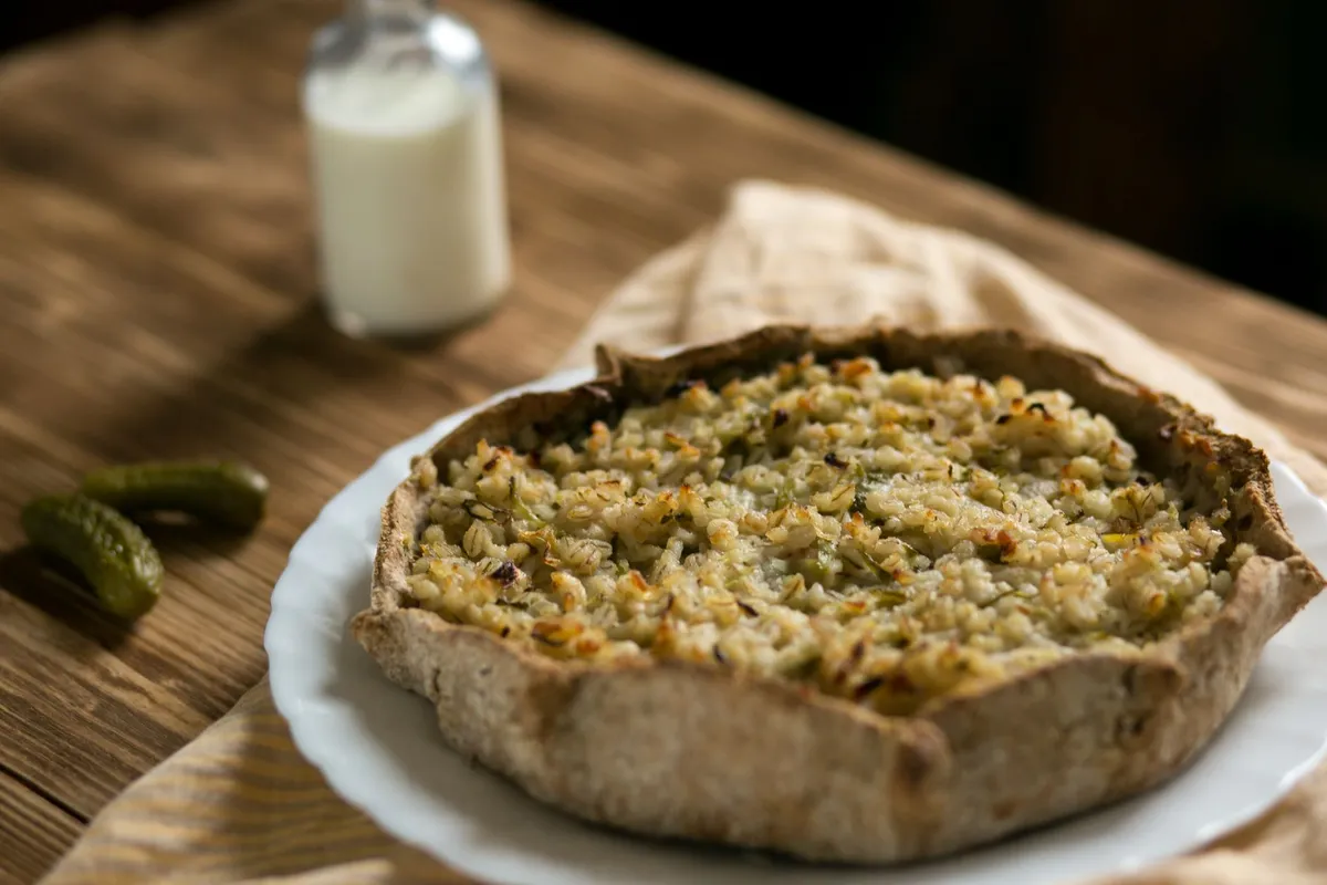 Rustikaler Kuchen mit goldbraun überbackenem Belag auf weißem Teller, daneben Milchflasche und Gürkchen auf Holztisch.