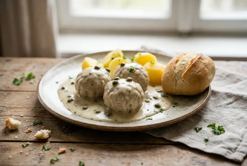 Königsberger Klopse mit Kapernsoße, Salzkartoffeln und Brötchen auf rustikalem Teller und Holztisch.