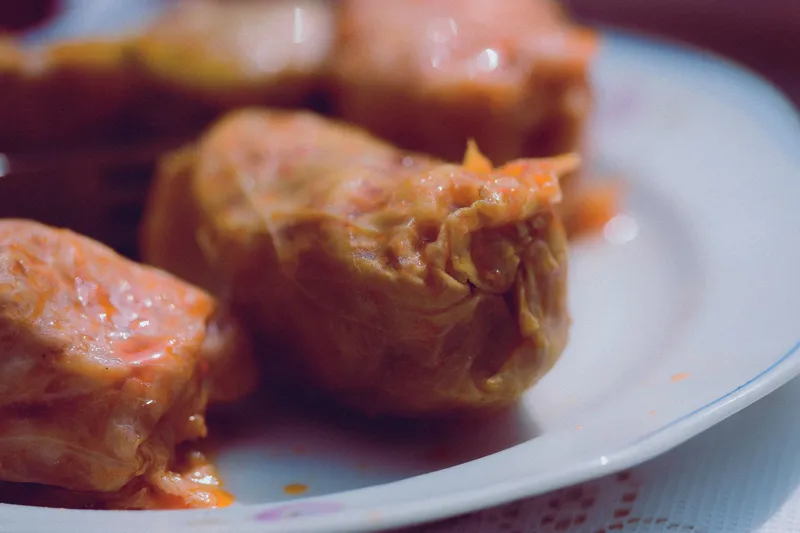 Gefüllte Kohlrouladen in oranger Tomatensauce auf einem weißen Teller, Nahaufnahme