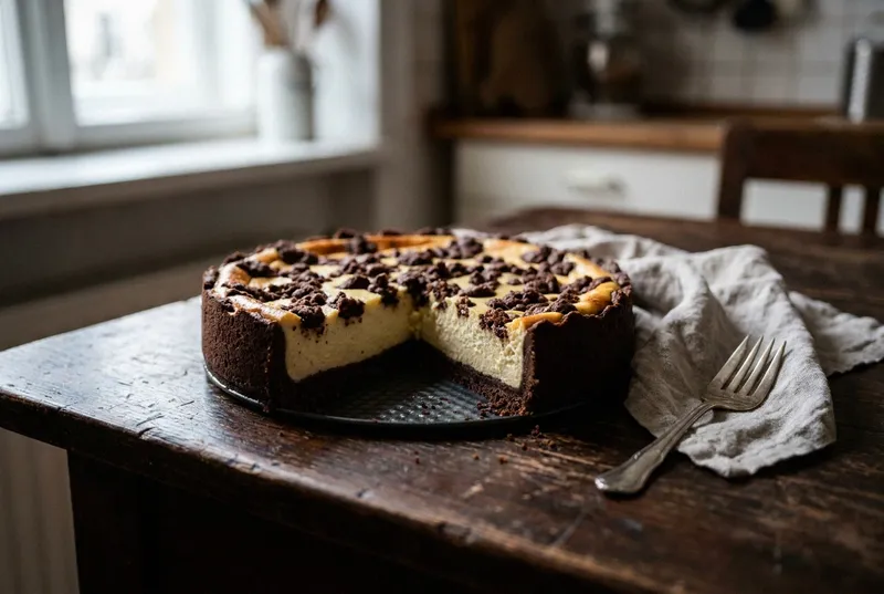 Russischer Zupfkuchen mit dunklem Kakaoboden, heller Quarkfüllung und Teigflocken, eine Scheibe herausgeschnitten