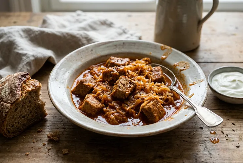Szegediner Gulasch mit Fleischwürfeln und Sauerkraut in einem Teller, daneben Brot, Sauerrahm und ein Löffel.