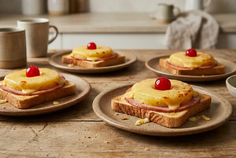 Vier überbackene Toasts mit Schinken, Ananasring, geschmolzenem Käse und Cocktailkirsche auf Tellern am Holztisch.