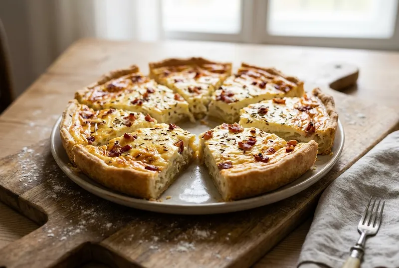 Aufgeschnittener Zwiebelkuchen mit Speckwürfeln und Kümmel auf einem hellen Teller, auf einem Holzbrett.